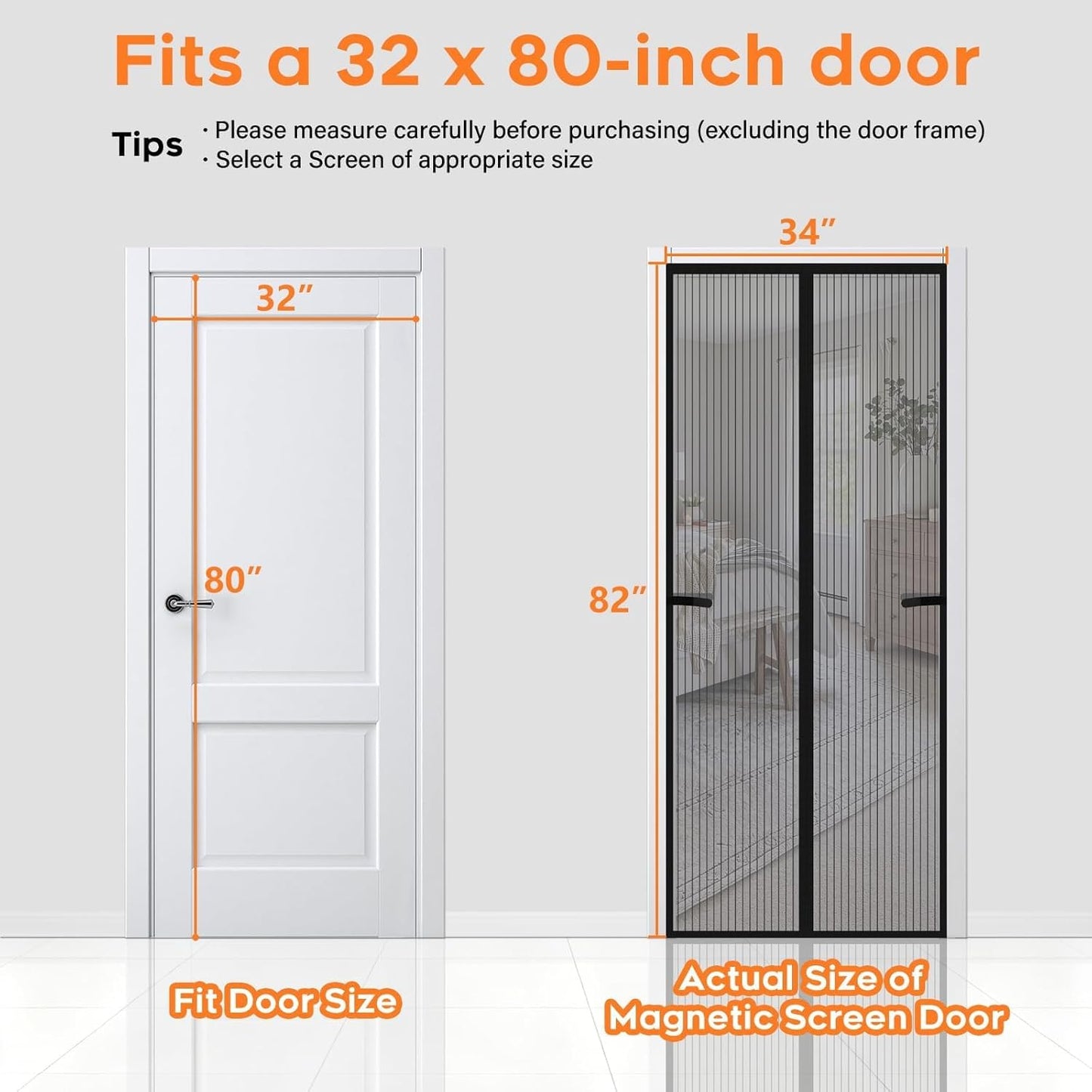 Magnetic Screen Door, Screen Door Mesh, Heavy-Duty Mesh Curtain, Door Net Keep Bugs Out, Hands Free Partition, Screen Size 38” × 83”, Fits 36” × 82” Doors, Pet & Kid Friendly, Black