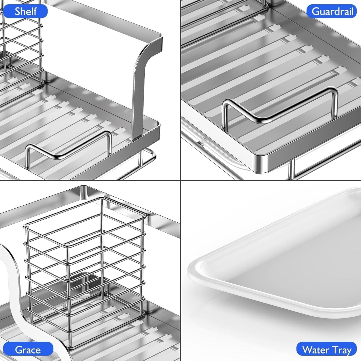 BSKSSK Sink Caddy, Kitchen Sink Organizer Sponge Holder, Dish Soap Scrubber Holder with Removable Drain Pan, Sink Brush Holder Kitchen Sink Stainless Steel for Sponge (Sliver, Large)