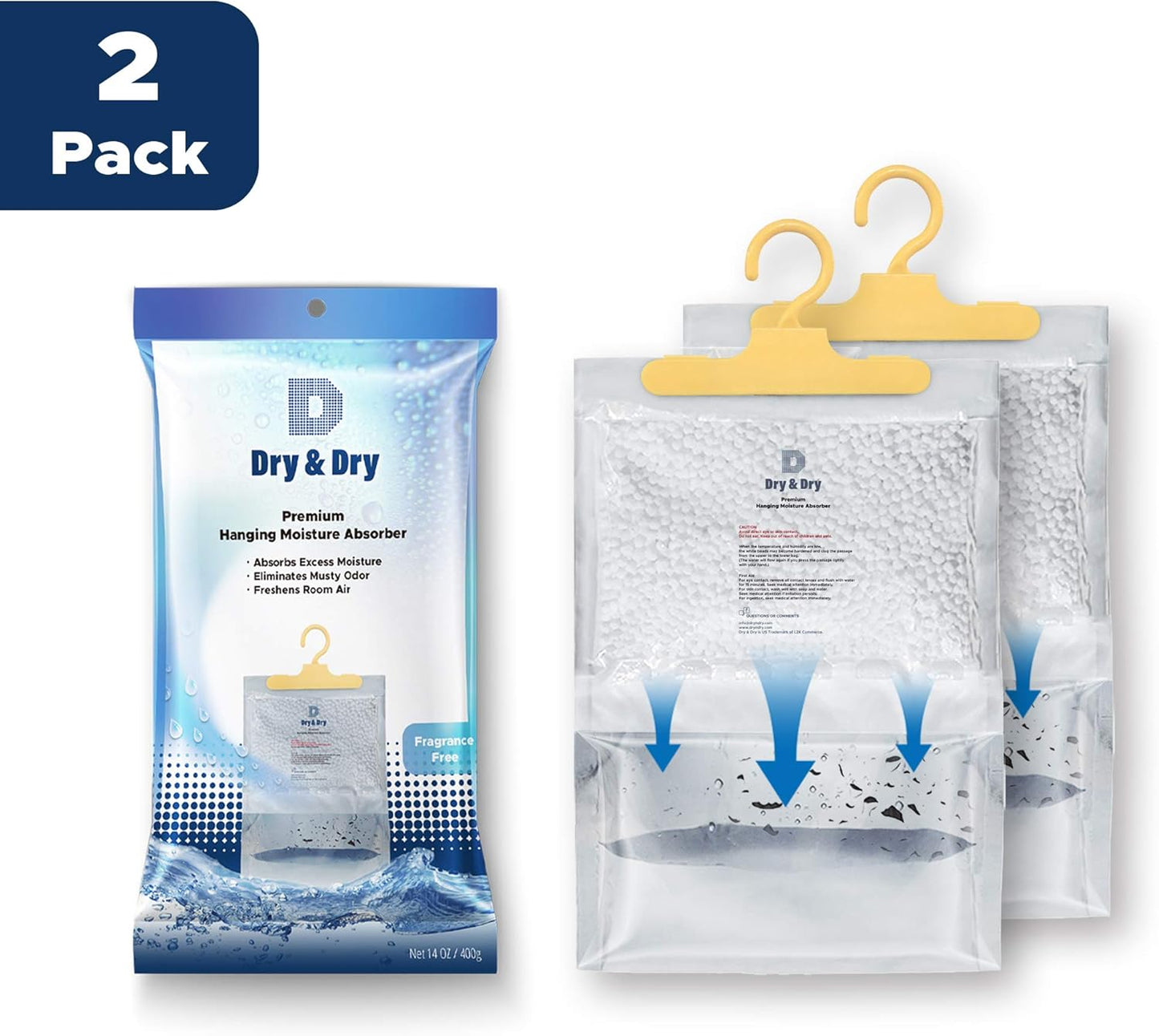 Dry & Dry 2 Packs [Net 14 Oz/Pack] Premium Hanging Moisture Absorber to Control Excess Moisture for Basements, Closets, Bathrooms, Laundry Rooms. - Ultra Strong Moisture Absorber