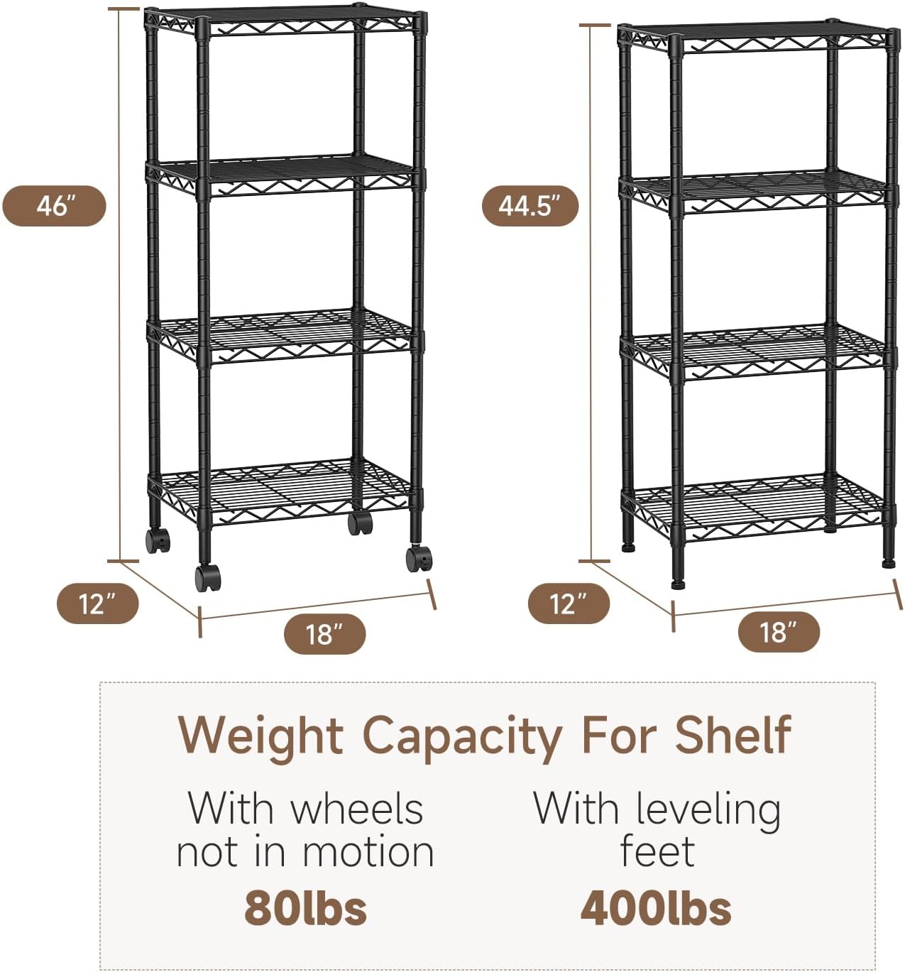 Golpart 4 Tier Adjustable Storage Shelves Metal Utility Shelf Wire Shelving Unit Organizer Rack for Home Kitchen Office Bathroom Pantry Room 12" D x 18" W x 44" H