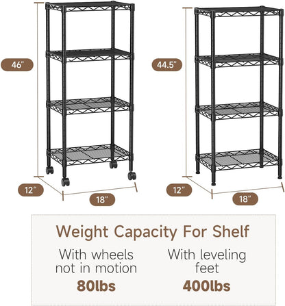 Golpart 4 Tier Adjustable Storage Shelves Metal Utility Shelf Wire Shelving Unit Organizer Rack for Home Kitchen Office Bathroom Pantry Room 12" D x 18" W x 44" H