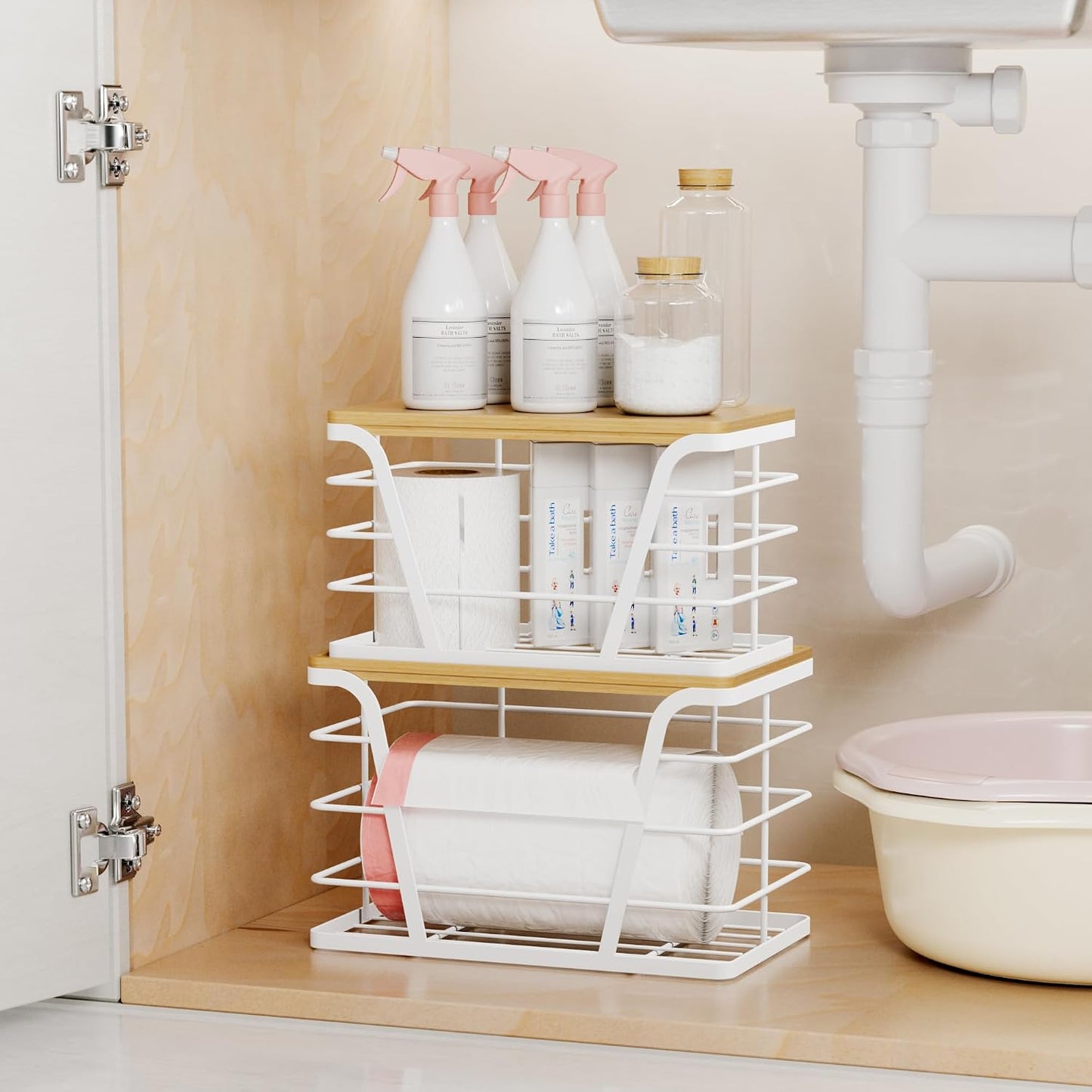 TIDIIABODE 2 Pack Stackable Storage Laundry Kitchen Organizers, Wall Mount Trash Bag Holder with Bamboo Top and Garbage Bag Dispenser No Drill