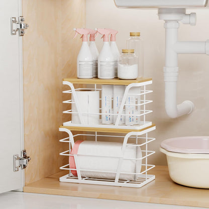TIDIIABODE 2 Pack Stackable Storage Laundry Kitchen Organizers, Wall Mount Trash Bag Holder with Bamboo Top and Garbage Bag Dispenser No Drill