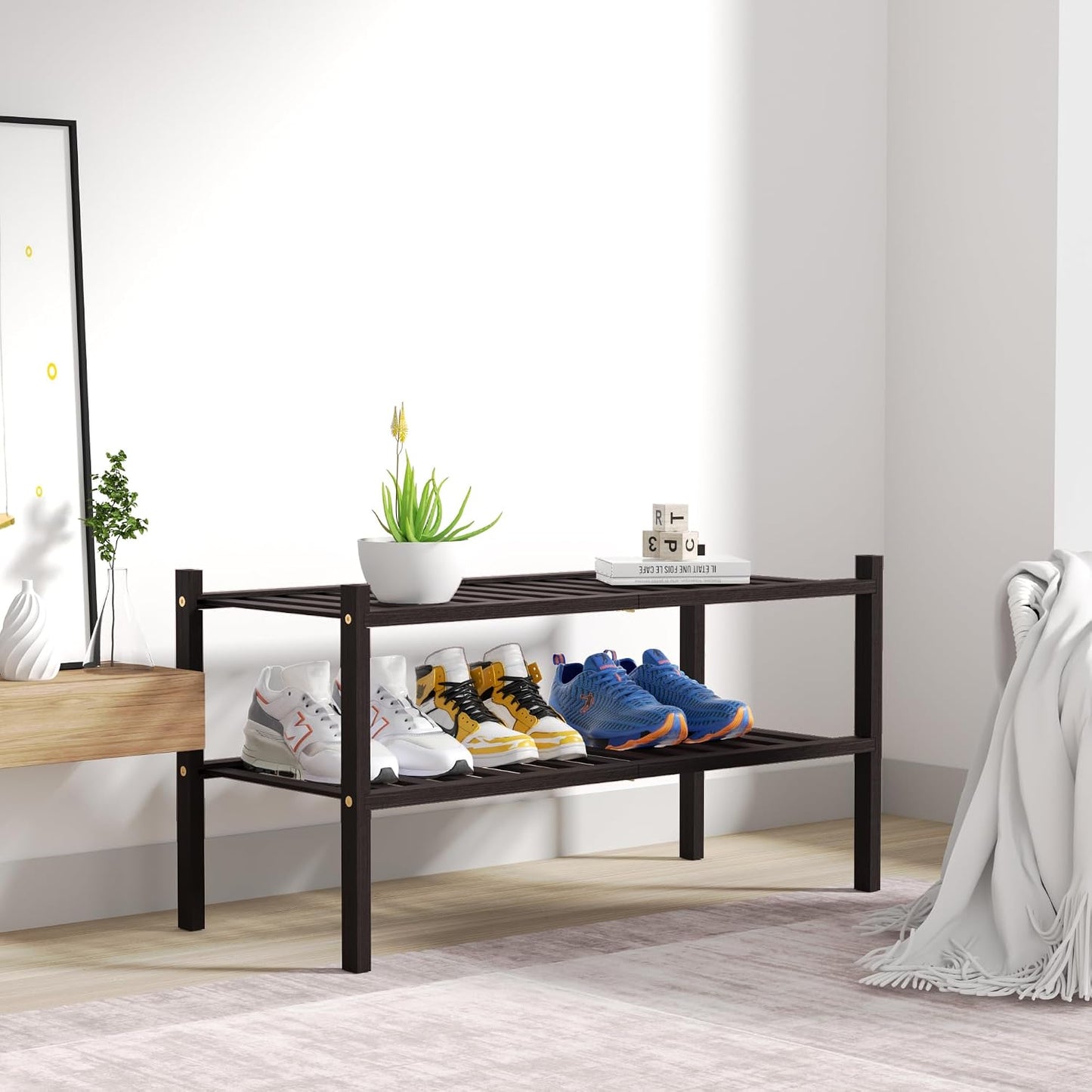 ROMGUAR CRAFT 3 Tier Bamboo Shoe Rack for Closet Free Standing Wood Shoe Shelf Storage Organizer for Entryway Small Space Stackable 27"x11"x20" (Natural)