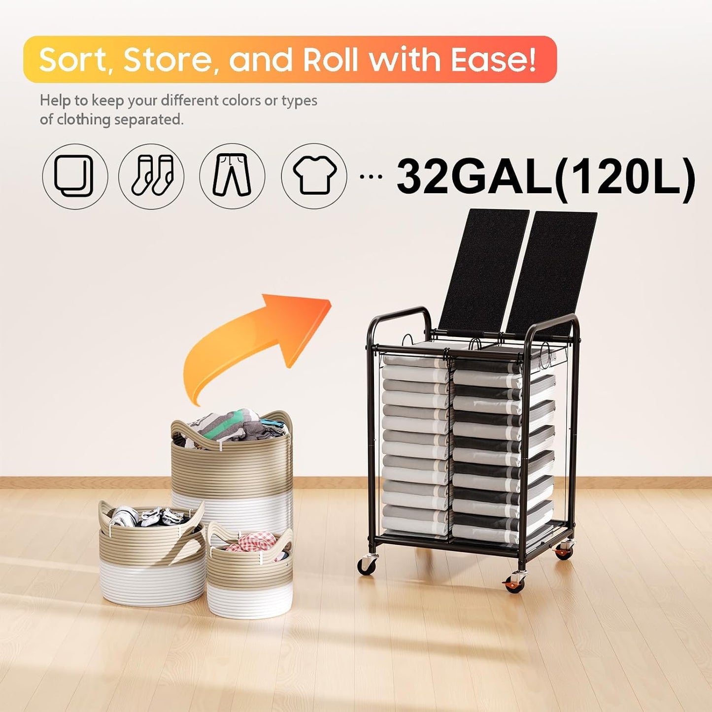 180L (47.55 Gal) Laundry Sorter 3 Section, Rolling Laundry Basket with Lockable Wheels and Lid, Laundry Hamper with 3 Separated Removable Bags Dirty Clothes Hamper for Laundry Room Organizer, Black