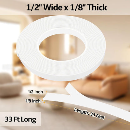 Foam Weather Stripping Door Seal,1 Inch W x 1/17 Inch T x 33 Feet White Window Sealing Tape，Single-Sided Self-Adhesive Insulation Sealing Strip