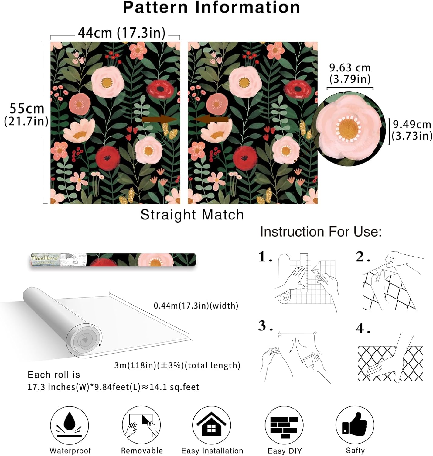 HAOKHOME Floral Peel and Stick Wallpaper Boho Vintage Wall Paper Removable for Bathroom Nursery Beige/Pink/Red Contact Paper 17.3in x 9.8ft