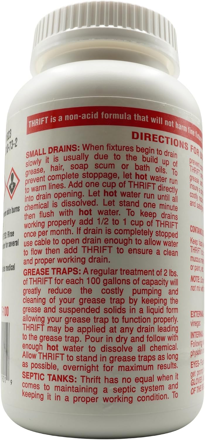 Thrift T-100 Odorless Drain Cleaner – Hot Water Activated Drain Cleaner for Small Drains, Grease Traps, Septic Systems & Sewer Lines – 1 Pound Bottle