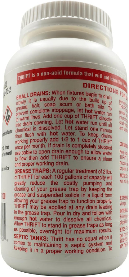 Thrift T-100 Odorless Drain Cleaner – Hot Water Activated Drain Cleaner for Small Drains, Grease Traps, Septic Systems & Sewer Lines – 1 Pound Bottle