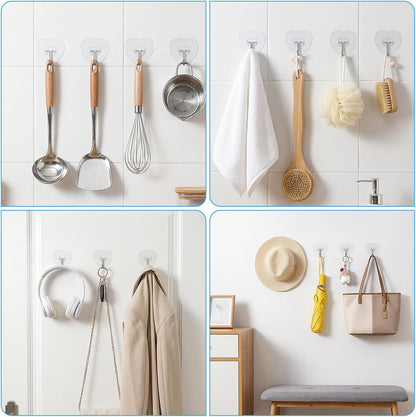 40 PCS Adhesive Wall Hooks Heavy Duty Adhesive Wall Hooks Utility Waterproof Towel Coat Hook Transparent Self-Adhesive Sticky Hook for Hanging Bathroom Shower Kitchen Keys Door Outdoor Home