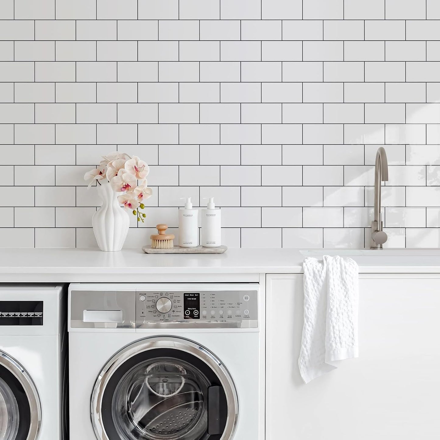 Vamos Tile 100-Piece Glossy Dolomite White Peel and Stick Backsplash Tile,3''x6'' PVC Subway Tile with White Grout, Stick on Backsplash for Kitchen/Bathroom/Fireplace