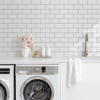 Vamos Tile 100-Piece Glossy Dolomite White Peel and Stick Backsplash Tile,3''x6'' PVC Subway Tile with White Grout, Stick on Backsplash for Kitchen/Bathroom/Fireplace