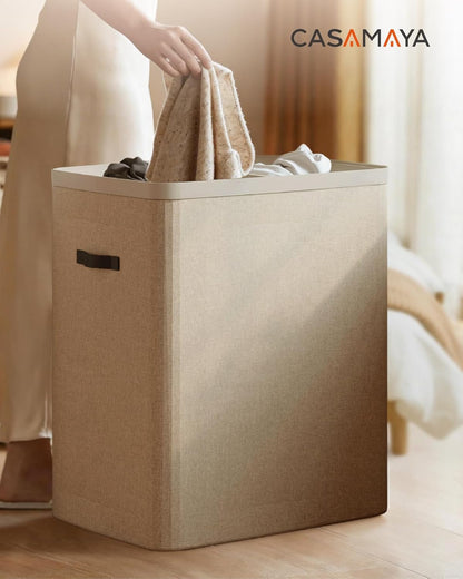 CASAMAYA Laundry Basket with Lid, Laundry Hamper 3 Section, 190L collapsible Laundry Organizer, Easy Assembly, with Handles and Removable Liners, 25.2 x 15.7 x 29.5 Inches, Beige JSP904M