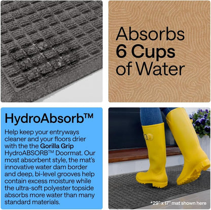 GORILLA GRIP® Ultra Absorbent Front Door Mat Outside Entrance, Traps Dirt and Moisture, HydroABSORB Indoor Outdoor Doormat Holds Up to 1.7 Cups Water, Stain and Fade Resistant Welcome Mat, 29x17 Black