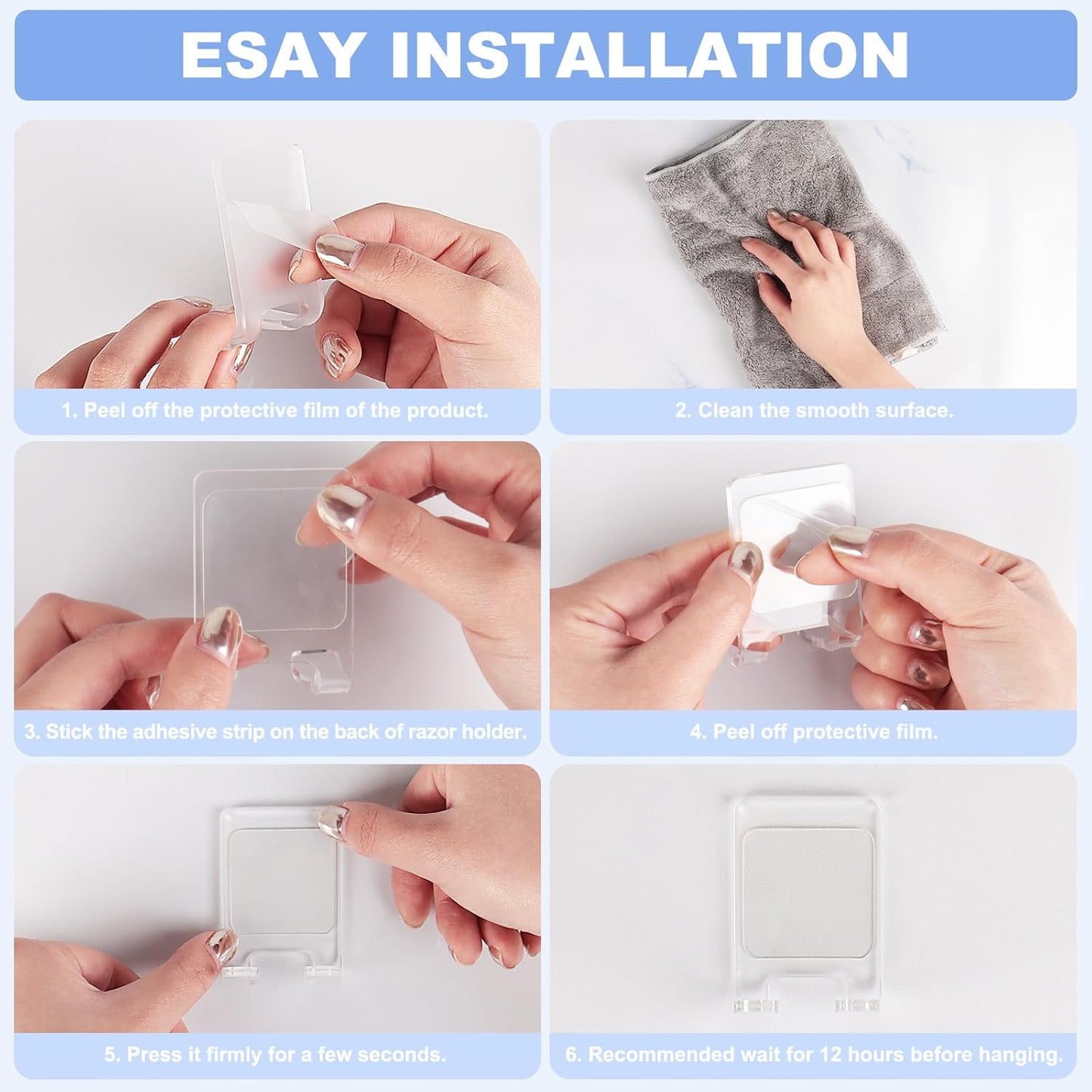VIS'V Adhesive Razor Holder, Wall Mount Shower Razor Hooks for His and Hers, Metal, Waterproof, White, 2 Pcs