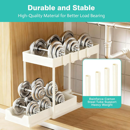 Under Sink Organizers and Storage 2 Pack, Pull-Out Sliding Cabinet Organizer with 2-Tier Storage Shelf & 4 Hooks, Multi-Purpose for Kitchen & Bathroom (13 Inch, White)