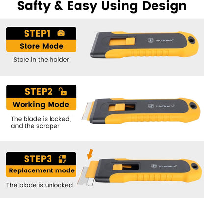 MulWark Razor Blade Scraper | 2 Handles Razor Scraper Set With Extra 12pcs Blades Heavy Duty Paint & Glass Scraper Tool With Extendable Handle for Windows, Oven Cleaning & Surface Prep