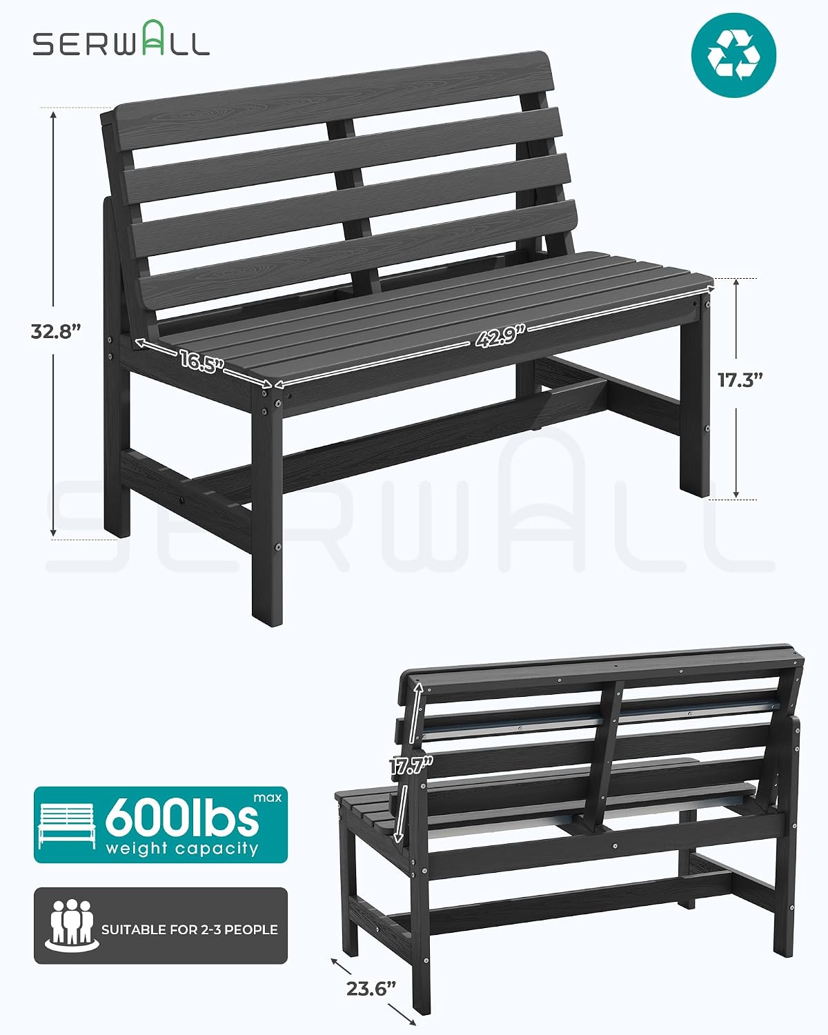 SERWALL HDPE Outdoor Storage Bench, Deck Box with Waterproof Storage Bags | All-Weather Benches | 57 Gallon Dual-Use Seat | Organizer Deck Boxes for Patio, Garden Tools & Pool | Dark Black