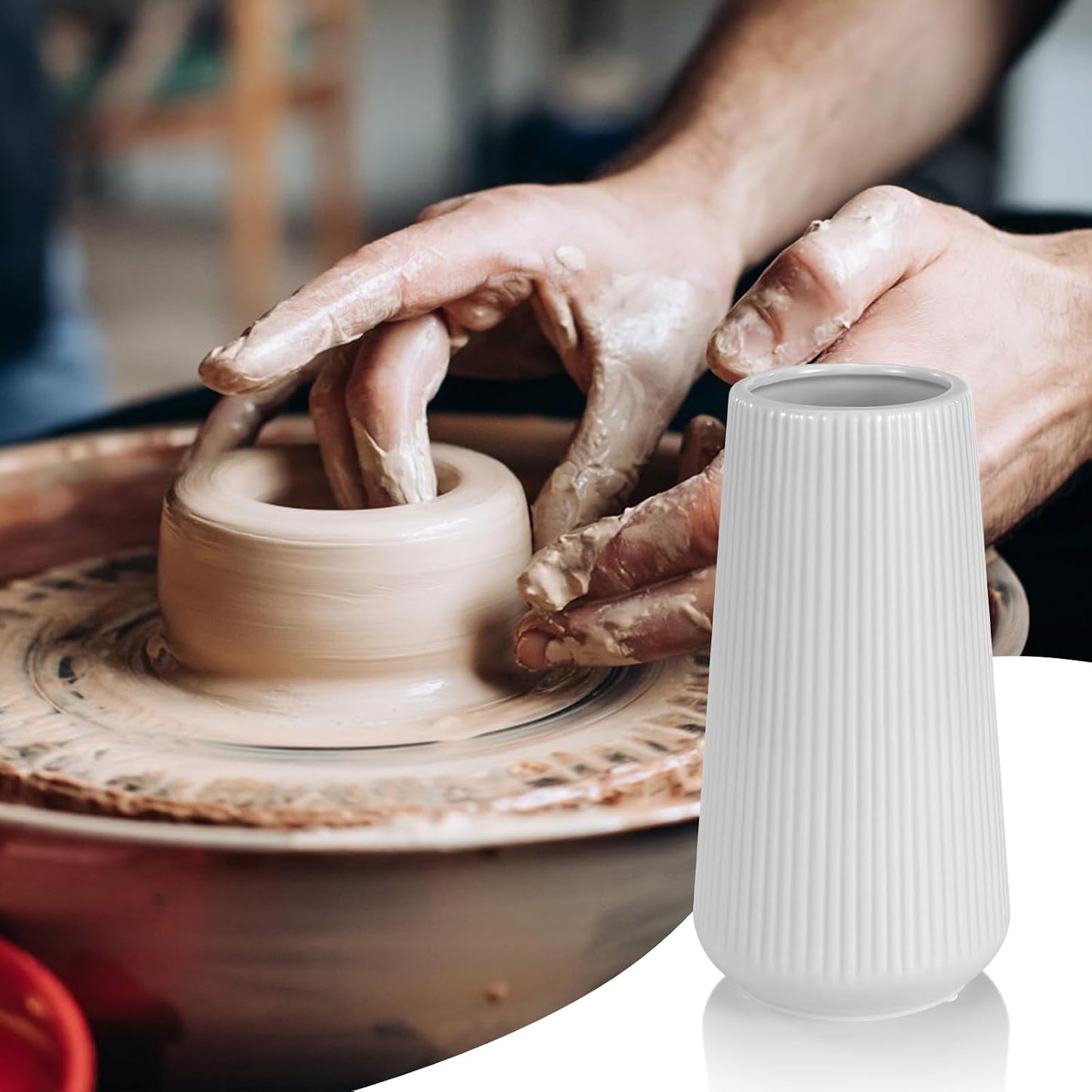 White Ceramic Vase, GUKJOB Small Cute Flower Vase for Pampas Grass, Home, Living Room, Dining Table, Farmhouse, Office Decor, Bedroom, Table, and Kitchen Shelf (White- 2PCS)