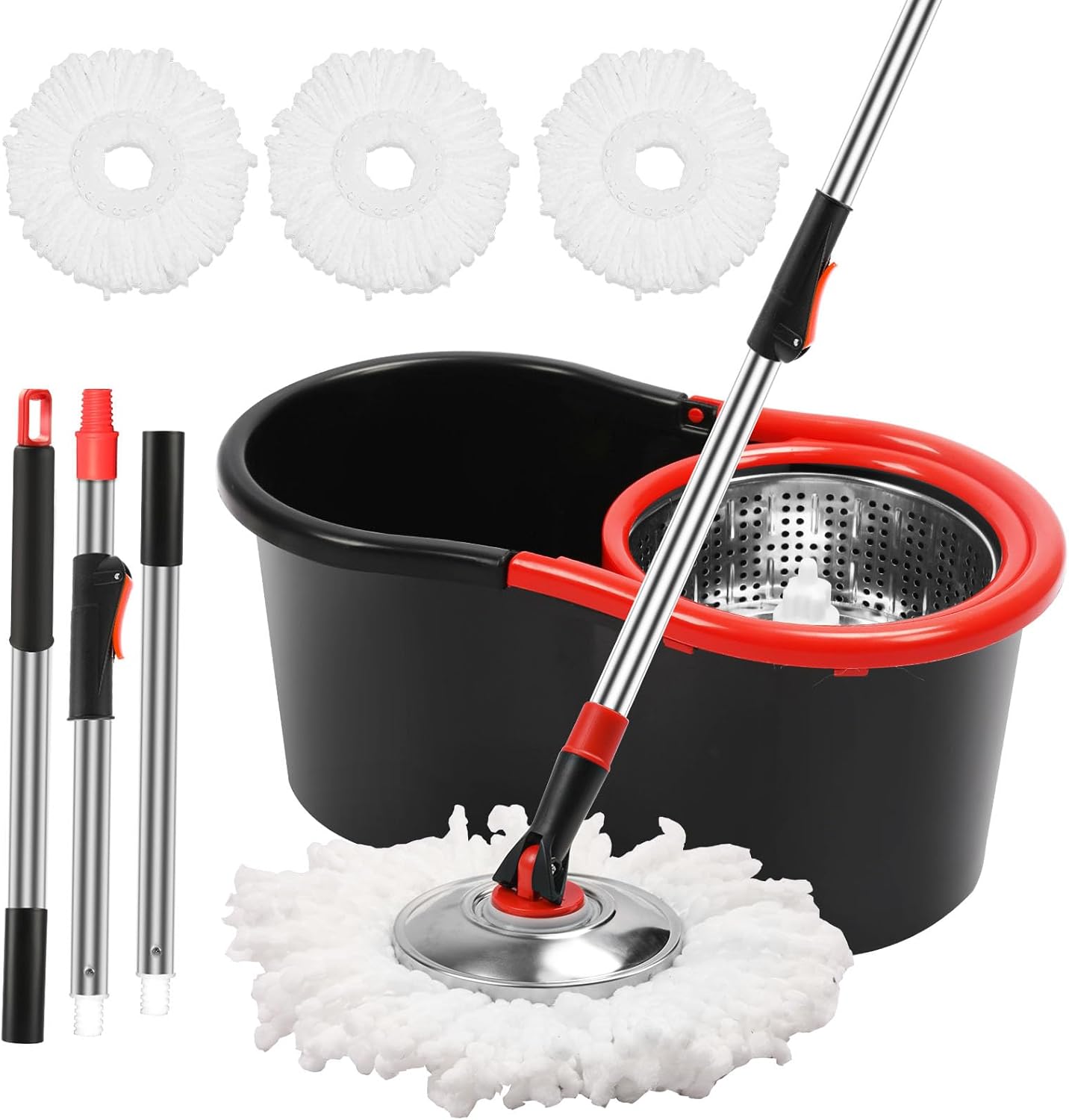 Spin Mop and Bucket with Wringer Set, 360° Spinning Mop and Bucket System with 3 Microfiber Mop Replacement Heads and 51" Stainless Steel Adjustable Handle for Mop Floor Cleaning