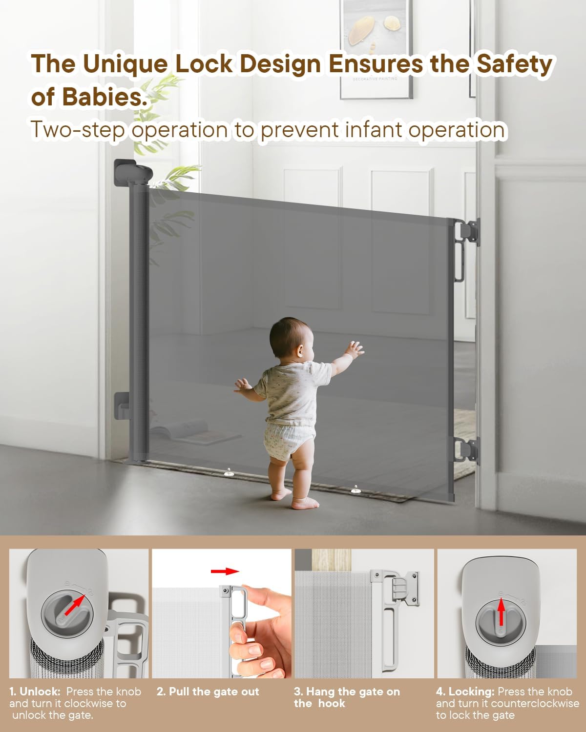 Retractable Baby Gate - 55" Wide Mesh Pet Gate with Anti-Crawling Hook, Safety Lock, One-Hand Operation, 34" Tall Baby Gate for Stairs, Doorways, Hallways, Garage, Indoor Outdoor, Black