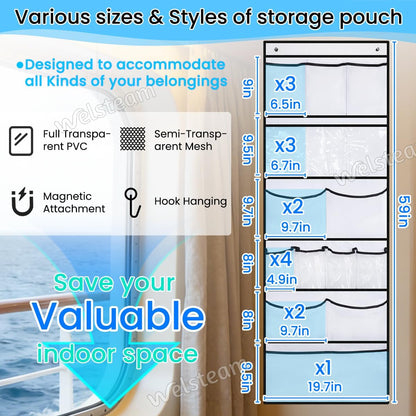 Cruise Ship Magnetic Door Organizer, Over The Door Organizer For Cruise Ships, Magnetic Shoe Rack with 2 Strong Anti-Scratch Magnets & Durable Pockets To Store Cruise Essentials (White)