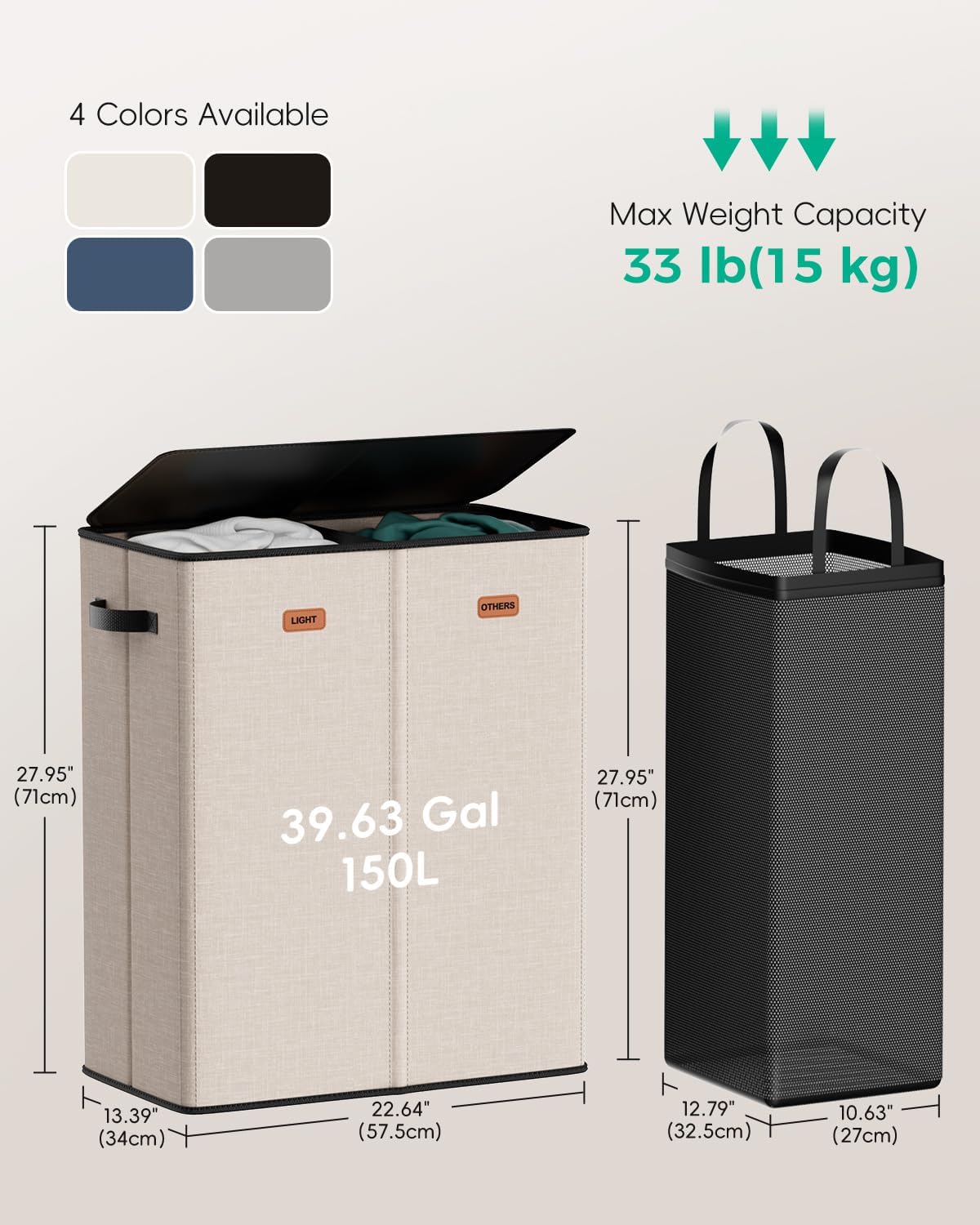 150L 2-Section Laundry Hamper with Lid – Removable Bag, Double Compartment Clothes Hamper for Bathroom, Bedroom, Dorm & Laundry Room