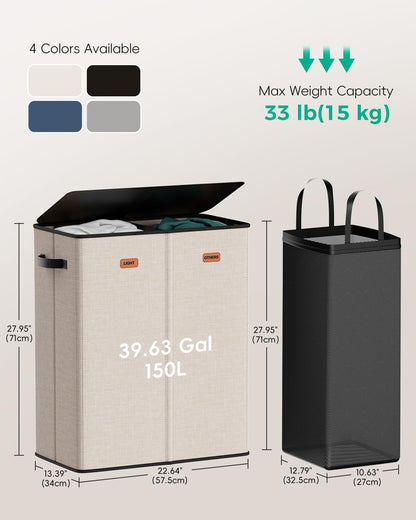 150L 2-Section Laundry Hamper with Lid – Removable Bag, Double Compartment Clothes Hamper for Bathroom, Bedroom, Dorm & Laundry Room