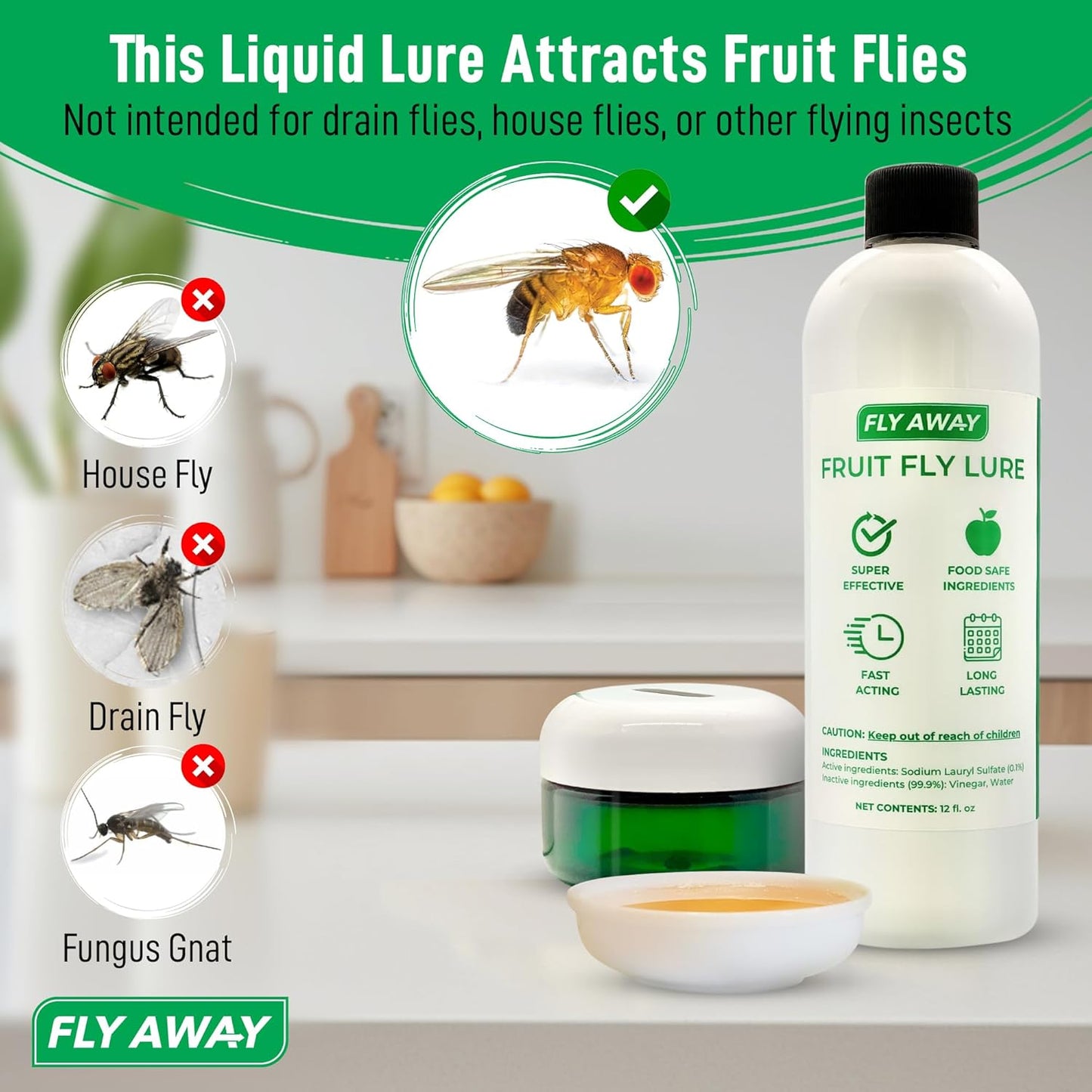Fly Away - Fruit Fly Trap Kit: 3X Reusable Fruit Fly Traps for Indoors + 12 oz. Liquid Bait. Fast Acting. Attractive Design, Perfect for Homes, Bars and Restaurants. 270+ Day Supply. Made in USA