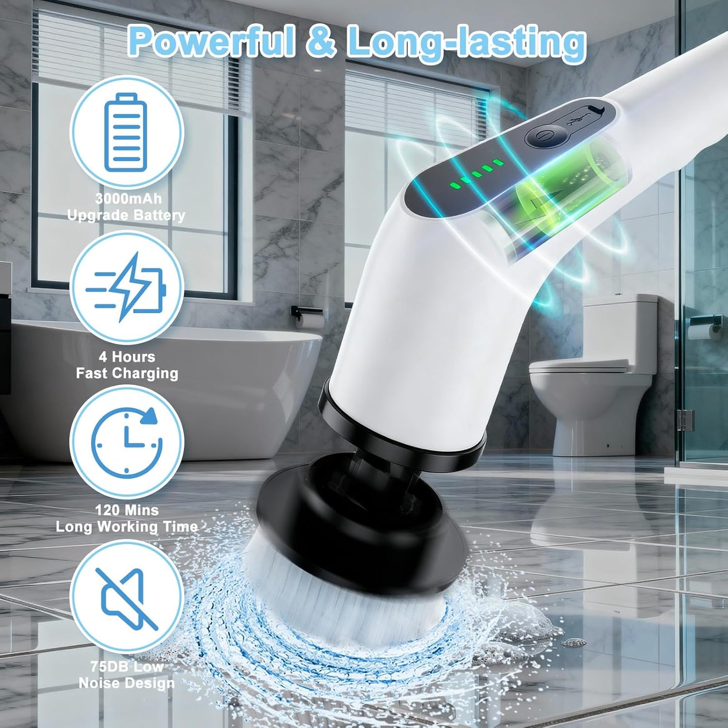 Electric Spin Scrubber, Cordless Cleaning Brush with 8 Replaceable Brush Heads, Shower Scrubber with Adjustable Extension Handle, Waterproof Power Scrubber for Bathroom Tile Floor Tub Car Walls