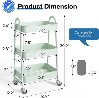 OLIXIS Metal 4 Tiers Utility Rolling Cart, Mobile Storage Shelf with Lockable Caster Wheels, Organization for Livingroom, Bathroom, Kitchen, & Narrow Places, 4-Tier Green