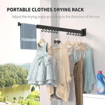 ptlsy Wall Mounted Portable Folding Clothes Drying Rack with Hooks,Space Saver Clothes Hangers Design Universal for Balcony, Mudroom, Bedroom, Kitchen, Foldable Laundry Rack (3-Pole Black)