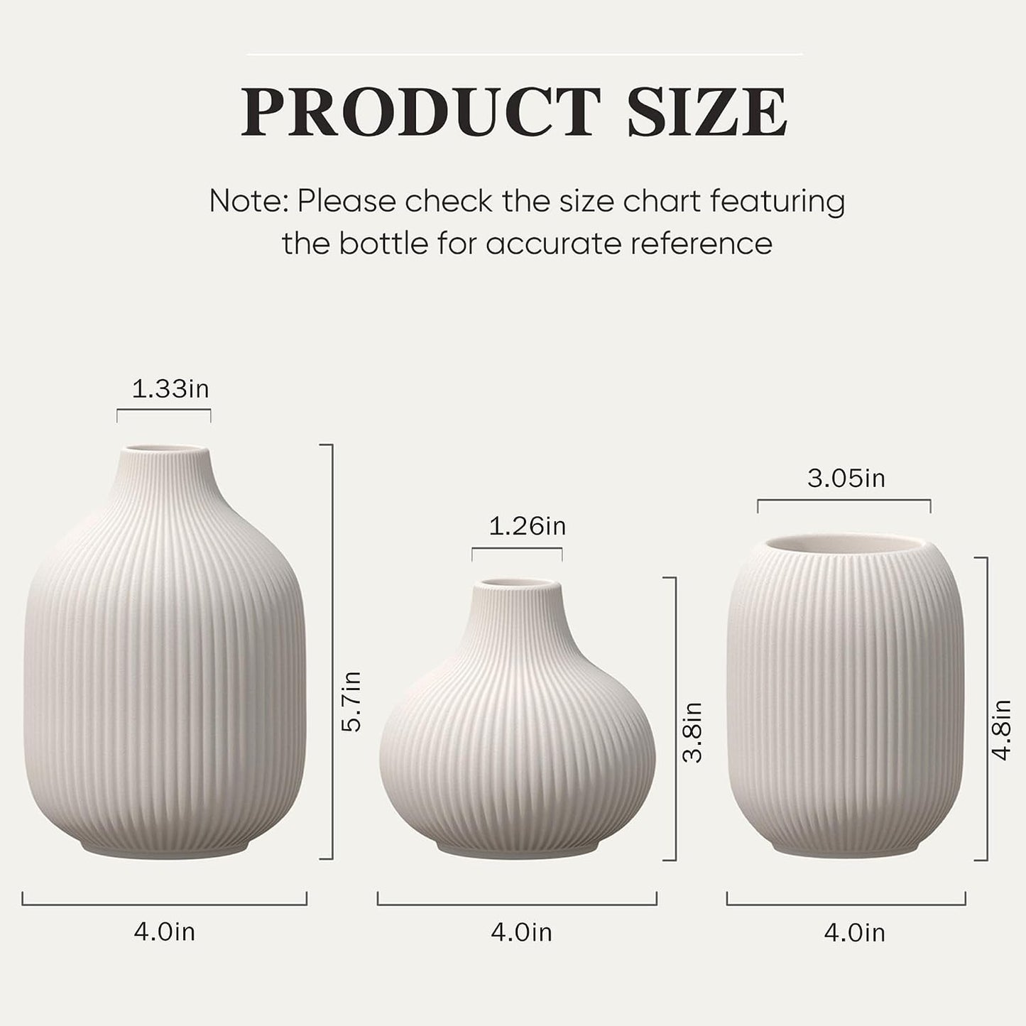 White Ceramic Flower Vases Set of 3, Modern Matte Vertical Ribbed, Nordic Minimalist Decor for Pampas, Dried & Fresh Flowers, Centerpiece for Living Room, Shelf, Entryway, Wedding,Office