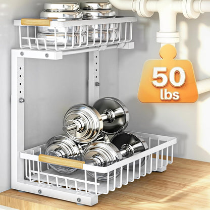 REALINN Under Sink Organizer, 2 Pack Height Adjustable Under Sink Organizers and Storage, 2 Tier Pull Out Drawer Cabinet Storage for Kitchen Bathroom, White