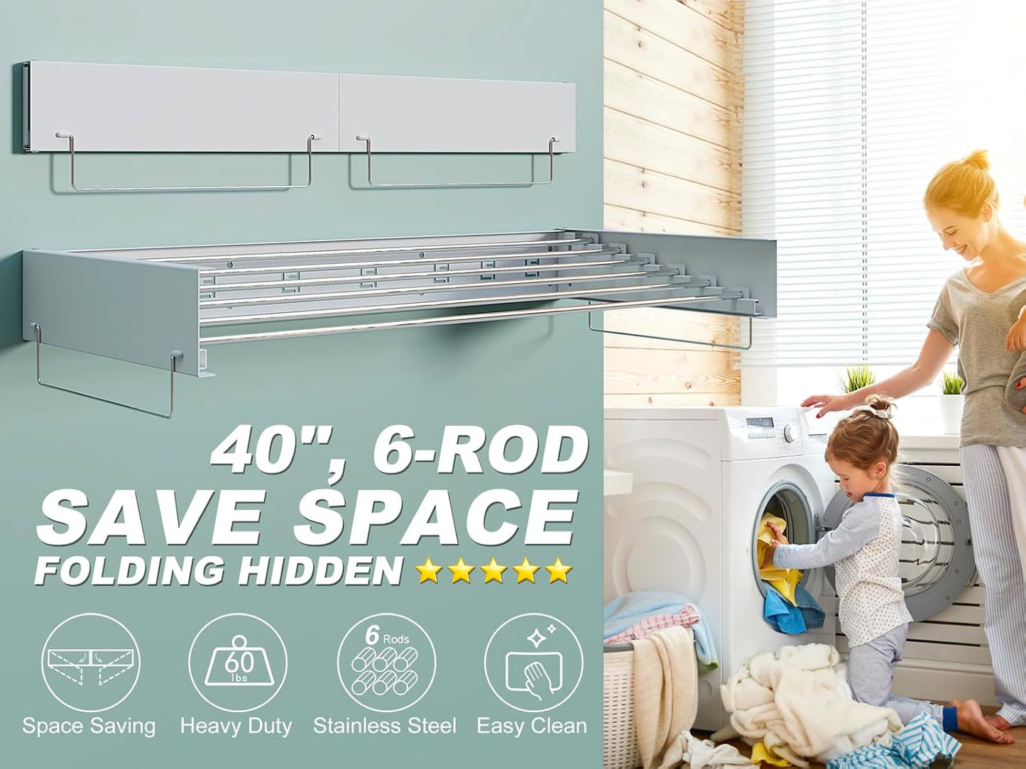 Wall Mounted Hidden Clothes Drying Rack - Pull-Out Laundry Organizer with 5 Stainless Steel Rods - Collapsible & Foldable for Laundry Room/Bathroom - Heavy Duty & Space Saving (31.5", White)
