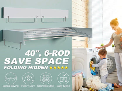 Wall Mounted Hidden Clothes Drying Rack - Pull-Out Laundry Organizer with 5 Stainless Steel Rods - Collapsible & Foldable for Laundry Room/Bathroom - Heavy Duty & Space Saving (31.5", White)