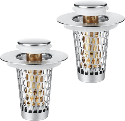 Bathroom Sink Drain Strainer, Adoric 2 Pack Universal Pop-Up Sink Stopper Hair Catcher, Anti-Clog Stainless Steel Drain Filter Basket, Removable Sink Drain for Bathroom Sink Stopper