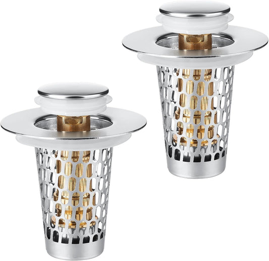 Bathroom Sink Drain Strainer, Adoric 2 Pack Universal Pop-Up Sink Stopper Hair Catcher, Anti-Clog Stainless Steel Drain Filter Basket, Removable Sink Drain for Bathroom Sink Stopper
