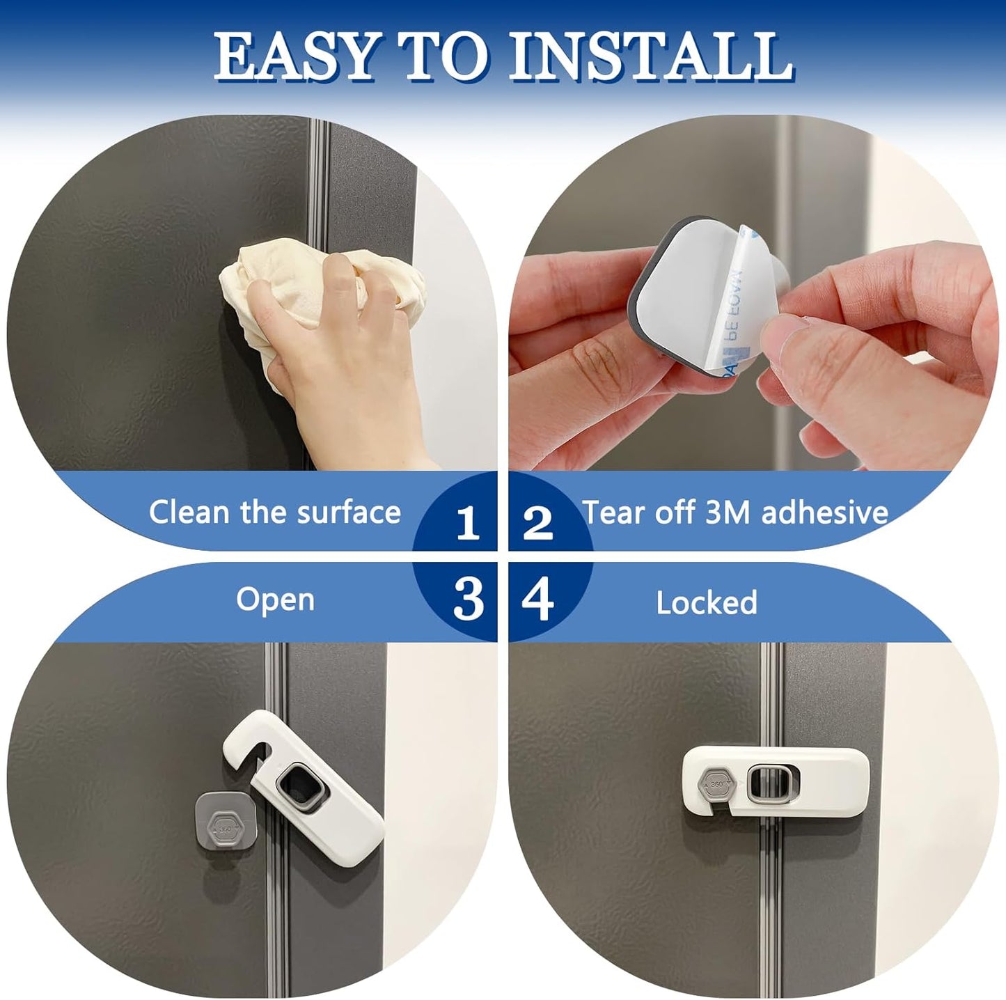 Safety Lock - Grey Fridge & Cabinet Lock for Kids, 3M Adhesive, No Drilling, 4in Length, for Kitchen, Dining Room, Bedroom, and Living Room