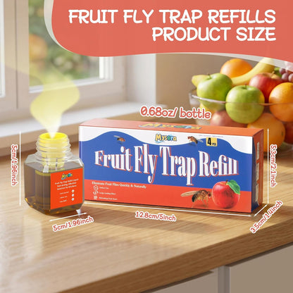 4 Pack Fruit Fly Trap Refill Liquid, with Funnel, 0.68 Ounces Per Bottle, Effective Fruit Fly Bait Refill, Suitable for Indoor Use, Kitchen Countertops, Home Environments, Non-Toxic