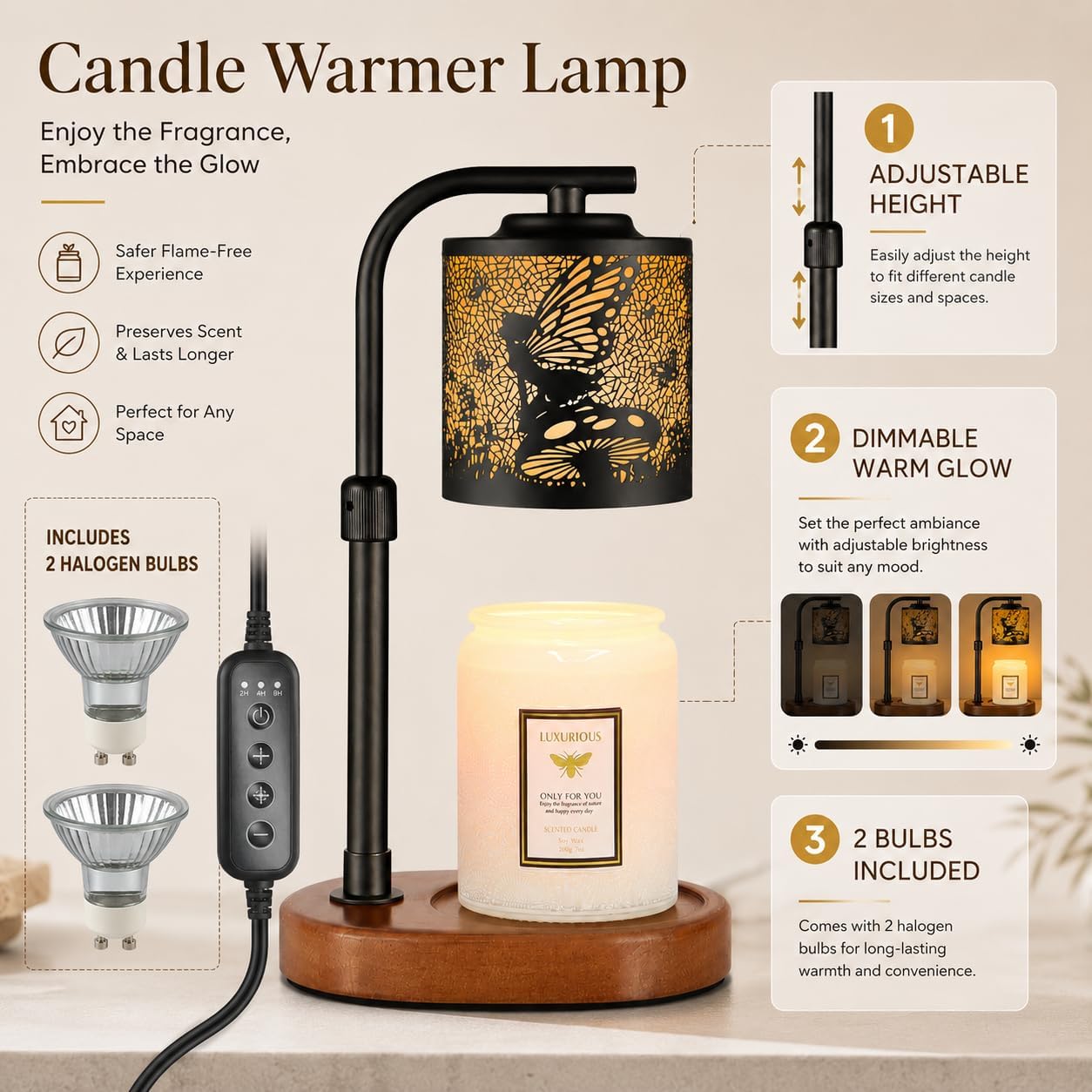 kobodon Candle Warmer Lamp with Timer, Electric Candle Lamp Warmer Birthday for Mom Women Home Bedroom Decor Wax Melt Warmer for Scented Wax with Jar Candles (Dragonfly)