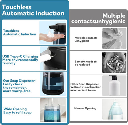 2 Pack Automatic Soap Dispenser Touchless Automatic Foaming Soap Dispenser 3-Level Adjustable Modern Foam Soap Dispensers 10.5oz/300ml USB Rechargeabled for Bathroom Kitchen Office
