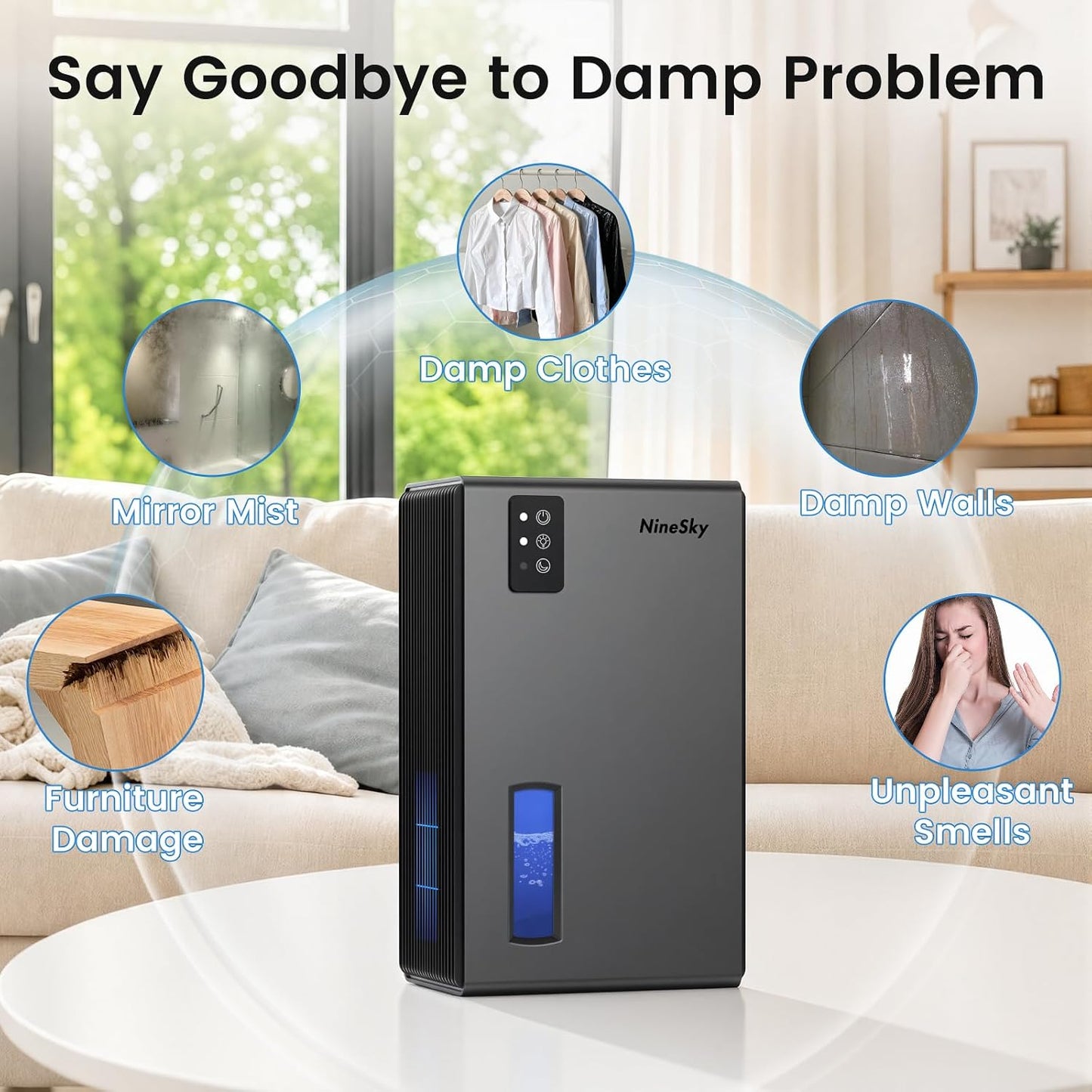 NineSky Dehumidifiers for Home, 1000 Sq.Ft Dehumidifier with 95oz Water Tank, Quiet Dehumidifier for Basement Bathroom Bedroom with 7-Color Ambient Light & Auto Shut Off, Sliver