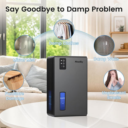 NineSky Dehumidifiers for Home, 1000 Sq.Ft Dehumidifier with 95oz Water Tank, Quiet Dehumidifier for Basement Bathroom Bedroom with 7-Color Ambient Light & Auto Shut Off, Sliver