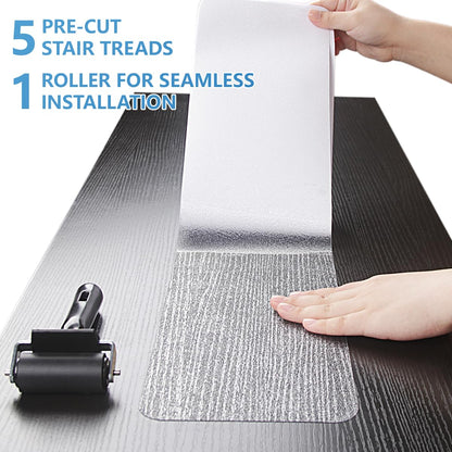 Butizone Stair Treads Non Slip 4" x 24", 5-Pack Pre-Cut Clear Anti Slip Strips for Wooden Steps Indoor, Transparent and Waterproof Grip Tape, Safety for Elderly and Dogs