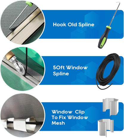 King&Charles Window Screen Door Repair/Replacement Kit, Include Black Screen Mesh 48"x118"+ 2 Roller+50Ft Spline+8Clips+Hook, 6 in 1 Window Mesh Kit, Steel/Nylon Bearing Roller