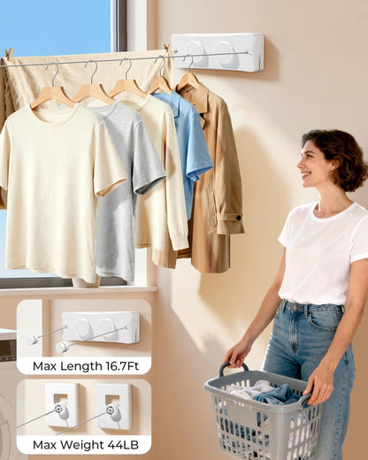 Retractable Clothesline 16.7 ft – Heavy-Duty 44 lb, Rust-Proof Stainless Steel, Wall-Mounted Indoor/Outdoor Laundry Line, Easy Install for Bathroom, Balcony & Apartment (White, Single Line)