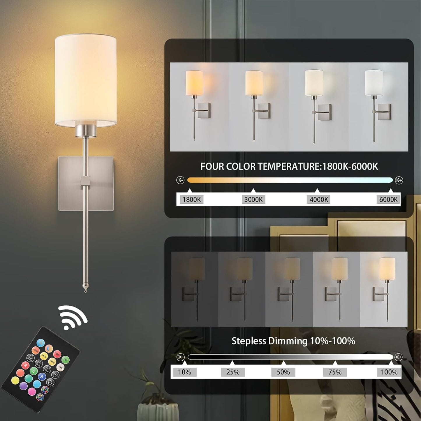 Battery Operated Wall Sconces Set of Two,Wireless Rechargeable Wall Light With Remote Control, Dimmable, Amber Light/Warm White/Natural White/Daylight/RGB, Timer,for Living Room,Bedroom,Entryway,Gold