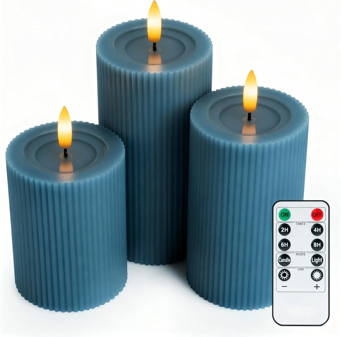 Fluted Ribbed LED Pillar Candles, Cream Beige, with Realistic Reflective Melted-Wax Effect – Flickering Flame, Remote, Dimmable, Flameless, Battery Operated, Home & Wedding Decor (Set of 3)