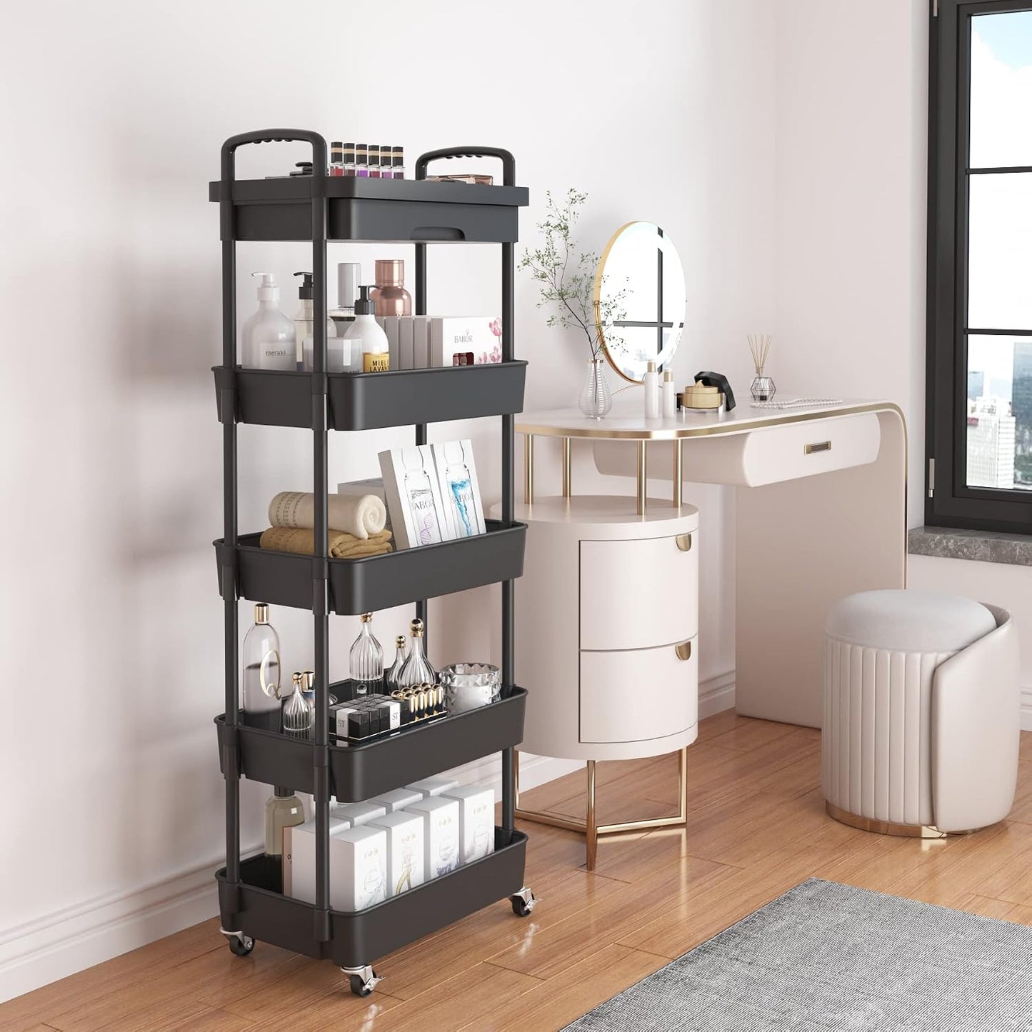 Calmootey 3-Tier Rolling Utility Cart with Drawer,Multifunctional Storage Organizer with Plastic Shelf & Metal Wheels,Storage Cart for Kitchen,Bathroom,Living Room,Office,White